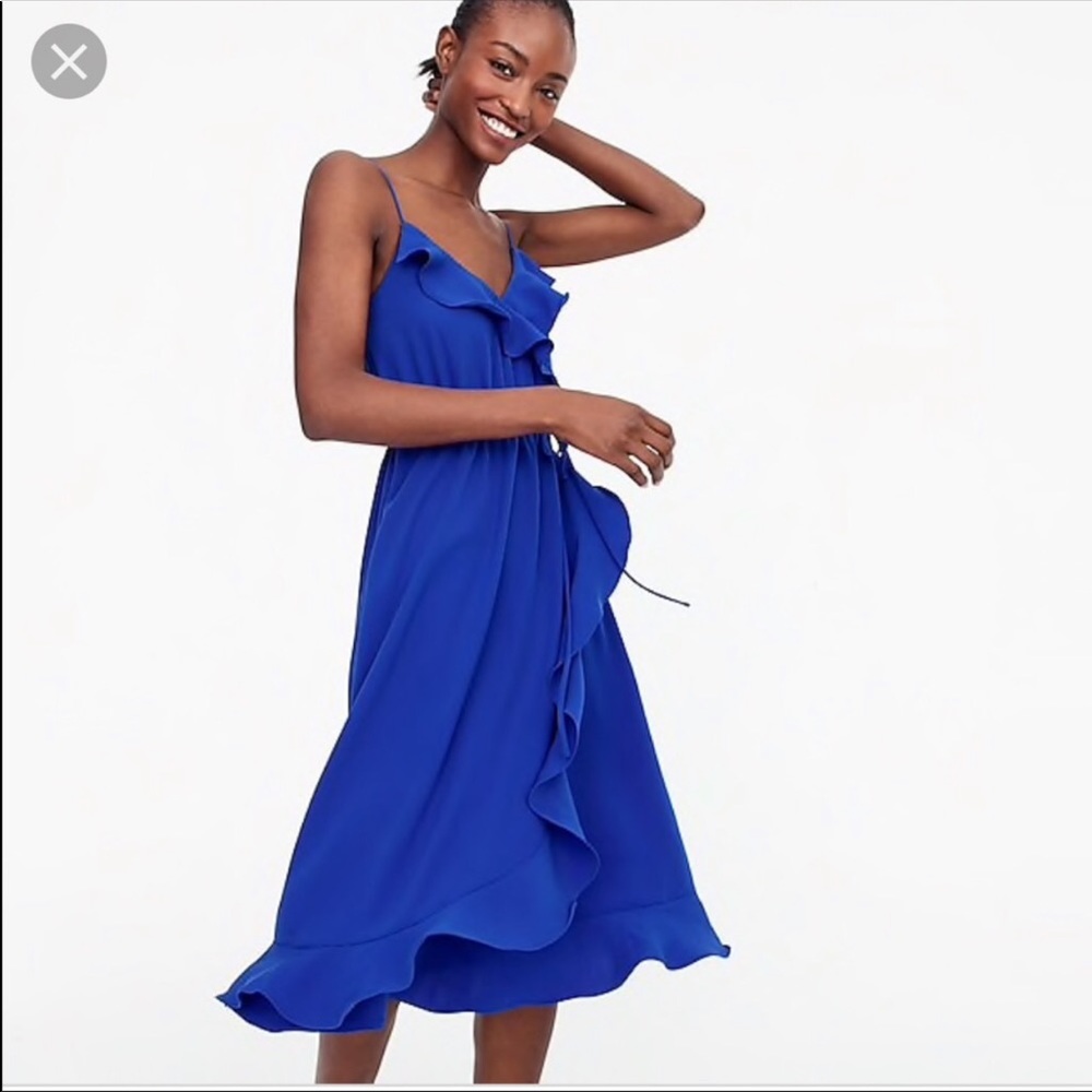 J.Crew v neck ruffle wrap style blue dress 8 NWT